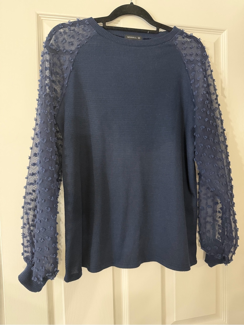 Miholl Navy Textured Pom-Pom Sleeve Knit Top